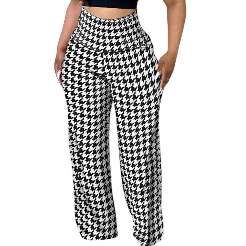 Chicme XL Houndstooth Flare Pants High Waist Stretch Black White Retro - Picture 14 of 16